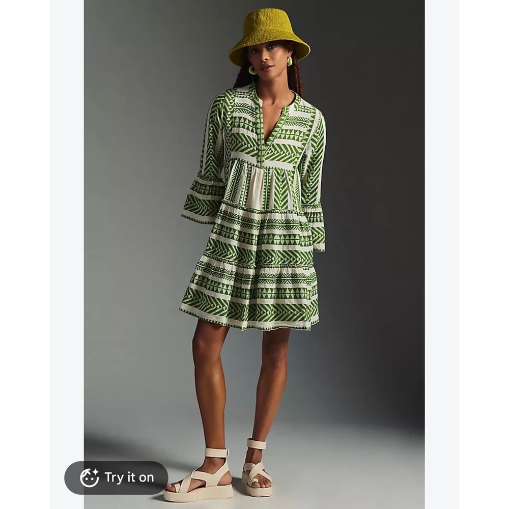 Devotion Twins Ella Dress Womens Medium Green White Excellent Geometric Mini